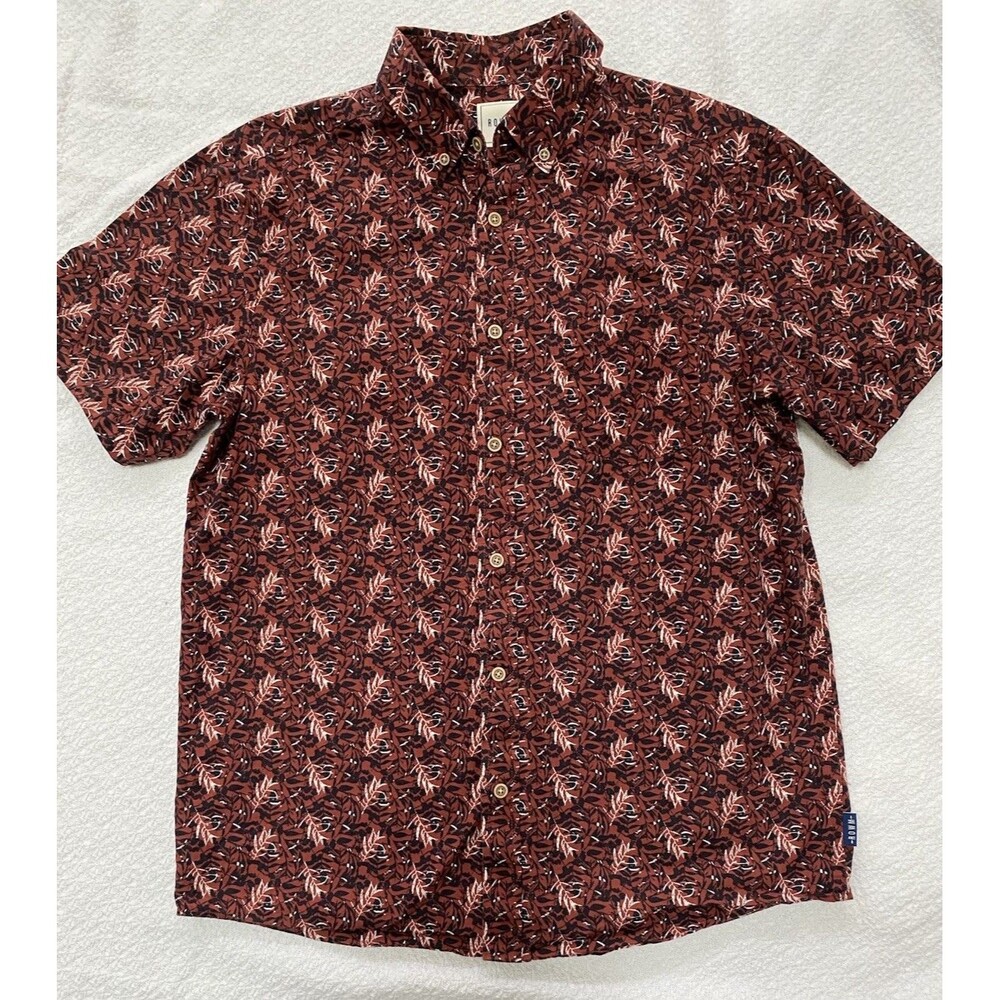 ROWM Men's Medium Short Sleeve Button Down Shirt Rust Brown Floral Leaf Print